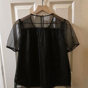 J. Crew Black Sheer Dot Short Sleeve Blouse